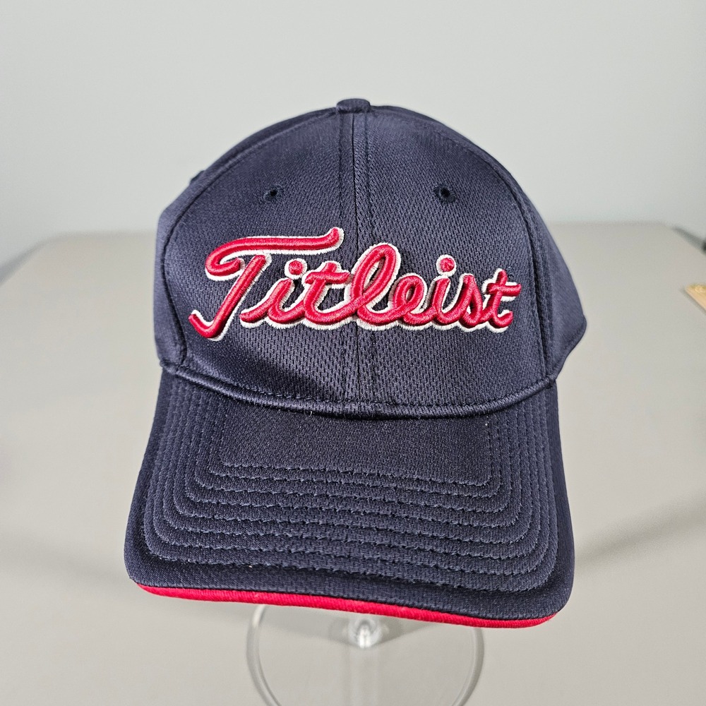 Titleist Golf Hat Mens M/L Navy Blue Red New Era Mesh Stretch Fit Cap